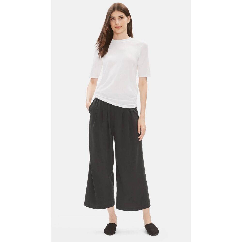 EILEEN FISHER Black Pull-On Wide Leg Lyocell/Recycled Poly Pants, Career, Sz L